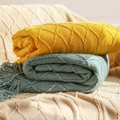 Khaki Knitted Acrylic Blanket with Tassels