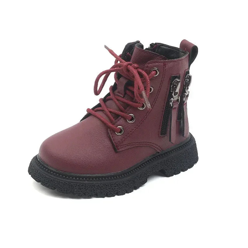 Burgundy PU Leather Ankle Boots for Kids