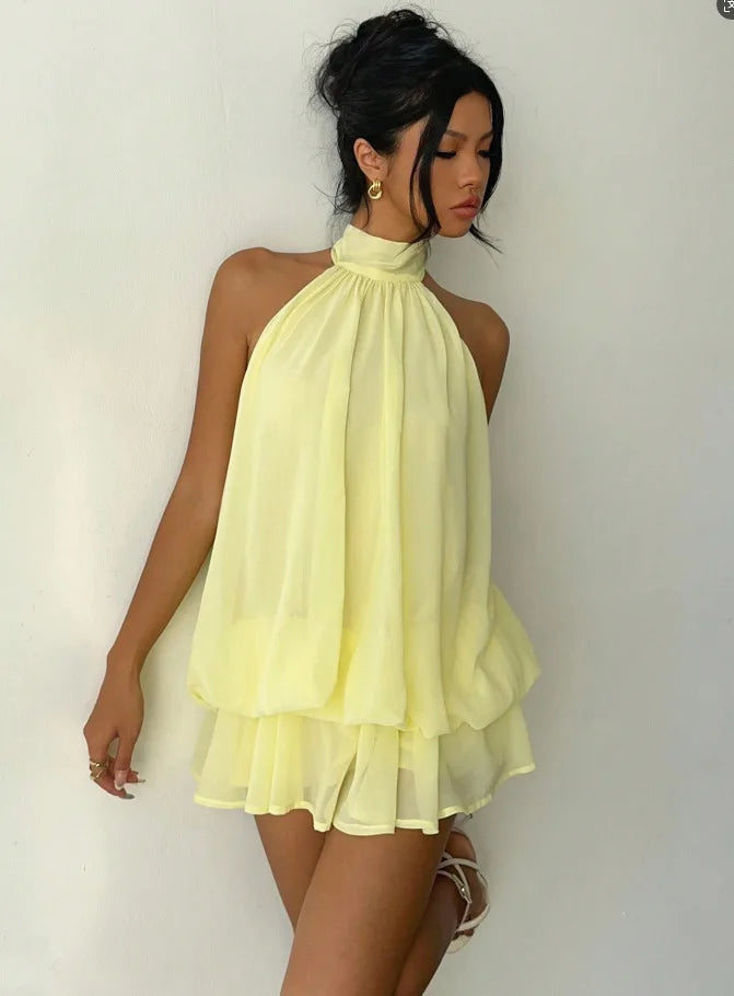 Women's Backless Halter Tie Waist Mini Dress in Polyester