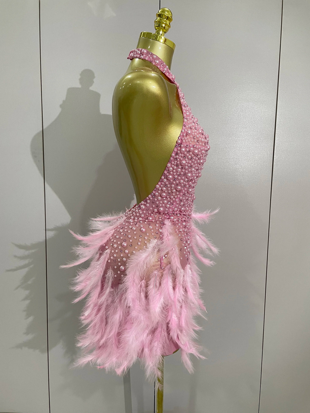 Luxury Rhinestones Pearls Feathers Halter Backless Dress