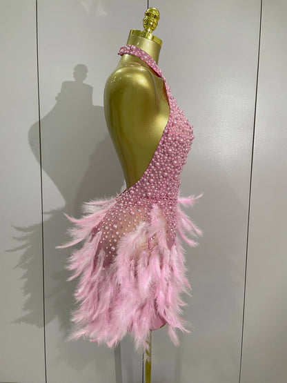 Luxury Rhinestones Pearls Feathers Halter Backless Dress