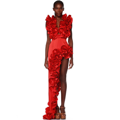 CM.YAYA Women Ruffled Asymmetrical V-Neck Bodysuit and Long Skirt Set