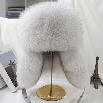 Men's Real Silver Fox Fur Bomber Hat