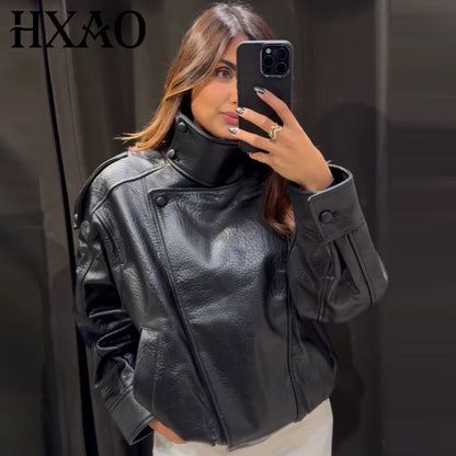 HXAO Black Faux Leather Cropped Bomber Jacket