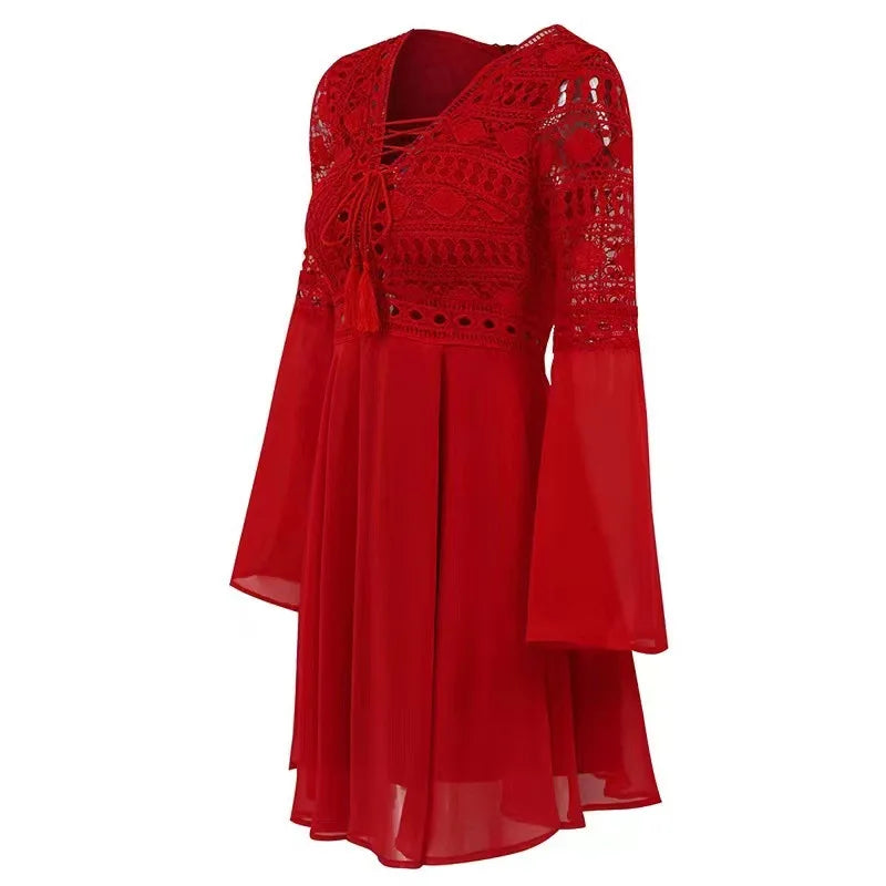 Women's Slim V Neck Chiffon Mini Dress with Ruffles