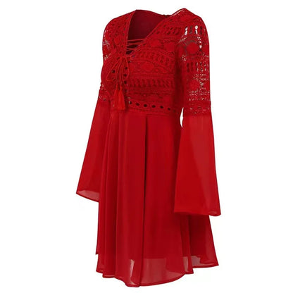 Women's Slim V Neck Chiffon Mini Dress with Ruffles