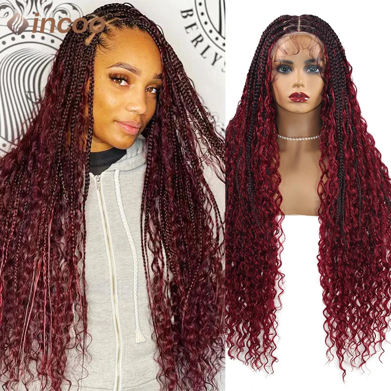 Boho Box Braided Curly Hair Full Lace Wig Burgundy