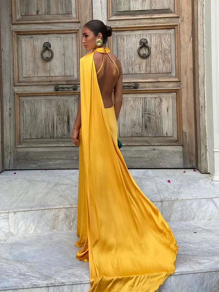 Elegant Halter Dress Women Solid Backless Maxi Dress
