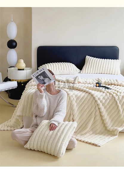 Luxury Faux Rabbit Fur Throw Blanket Solid Color Plush