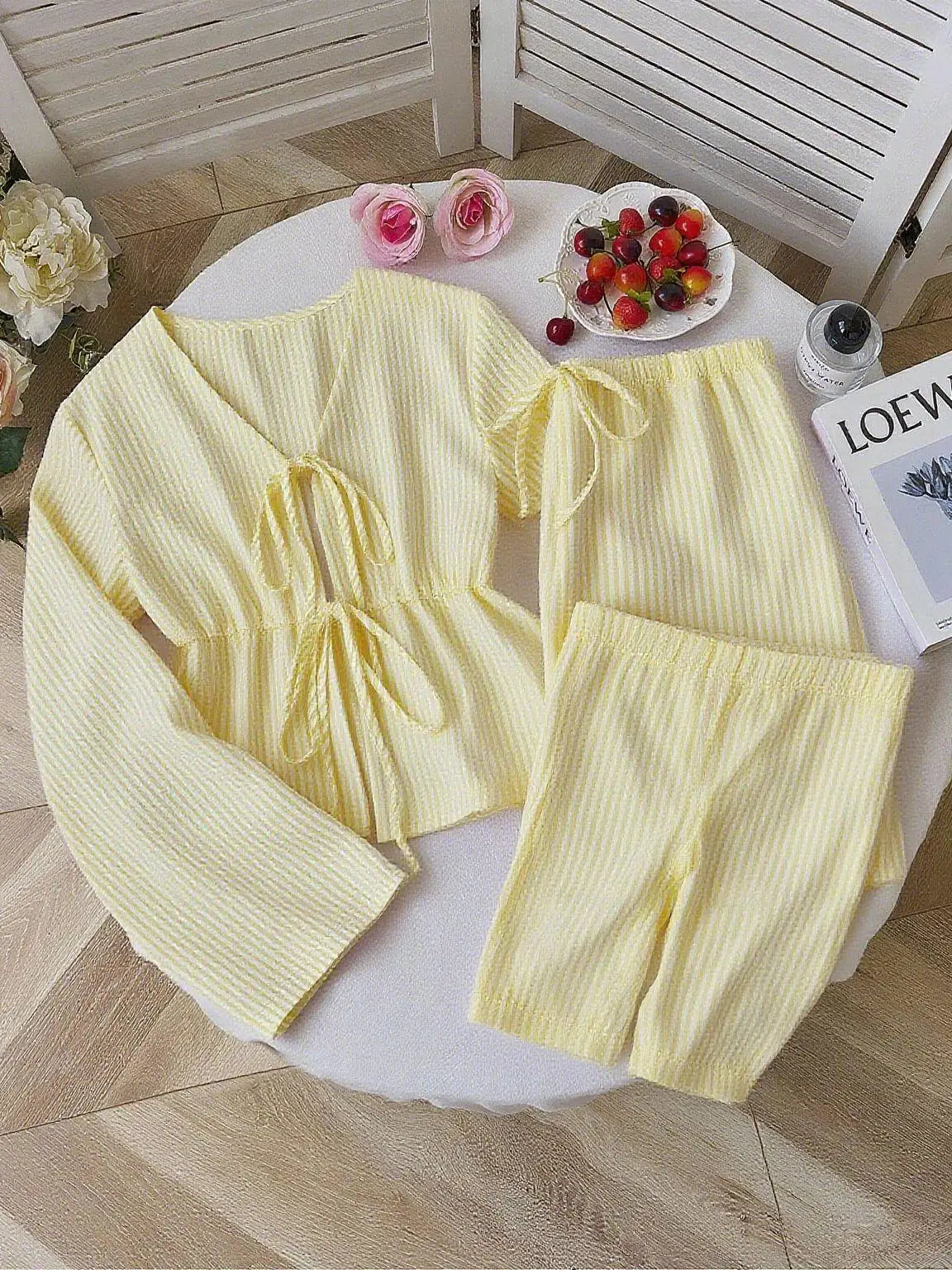 Women Striped V Neck Lace Up Blouse and Wide Leg Pants Set