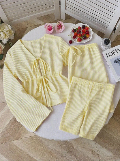 Women Striped V Neck Lace Up Blouse and Wide Leg Pants Set