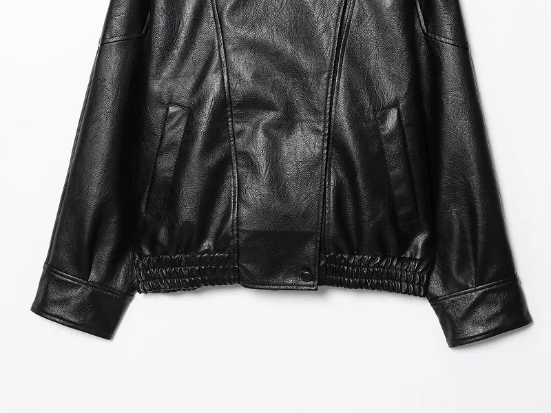 Faux Leather Oversize Bomber Jacket for Women