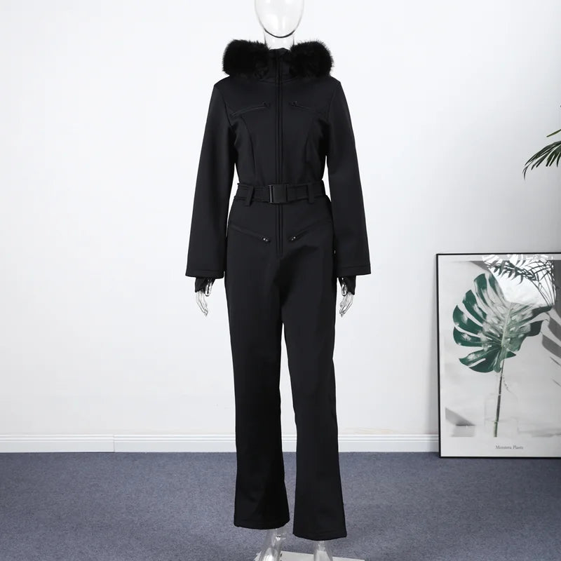 Faux Fur Hooded Women's Ski Jumpsuit with Zippers