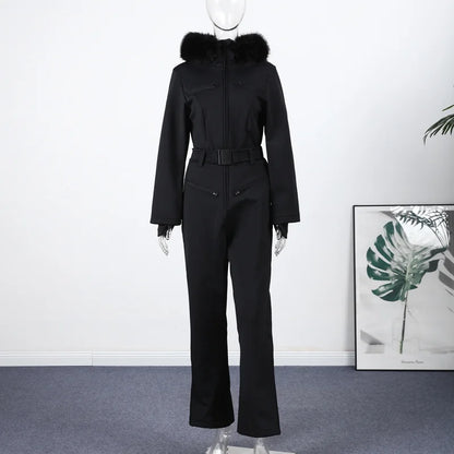 Faux Fur Hooded Women's Ski Jumpsuit with Zippers