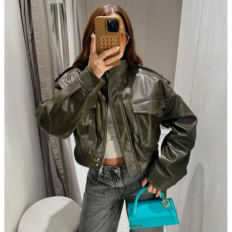 MUJER Faux Leather Cropped Bomber Jacket for Women