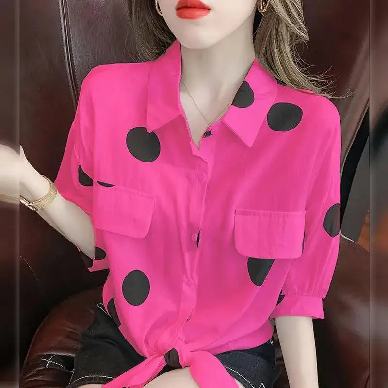 Polka Dot Chiffon Shirt for Women with Lace-Up Detail