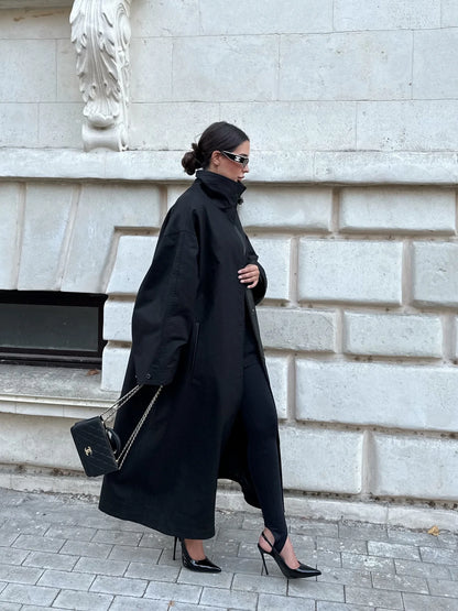 Green Oversized Belt Overcoat Women Long Sleeve Windbreaker