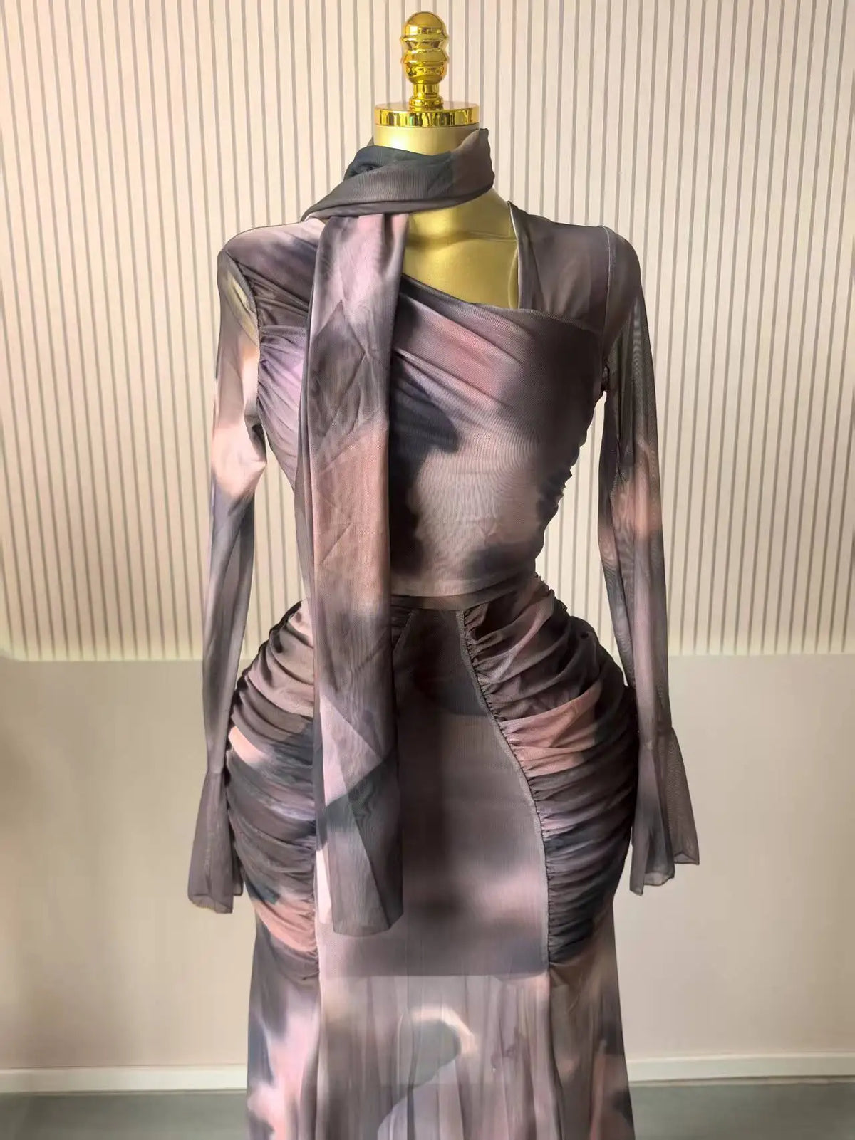 Women Tie Dye Maxi Dress with Skew Neck and Flare Sleeves