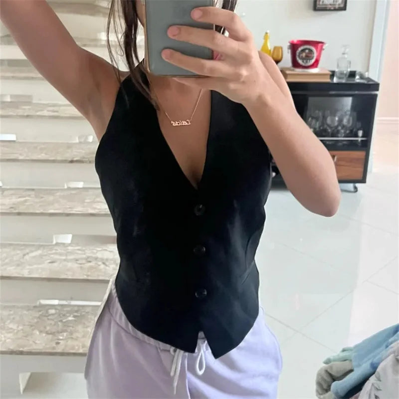 MUJER Off Shoulder Black White Cropped Vest