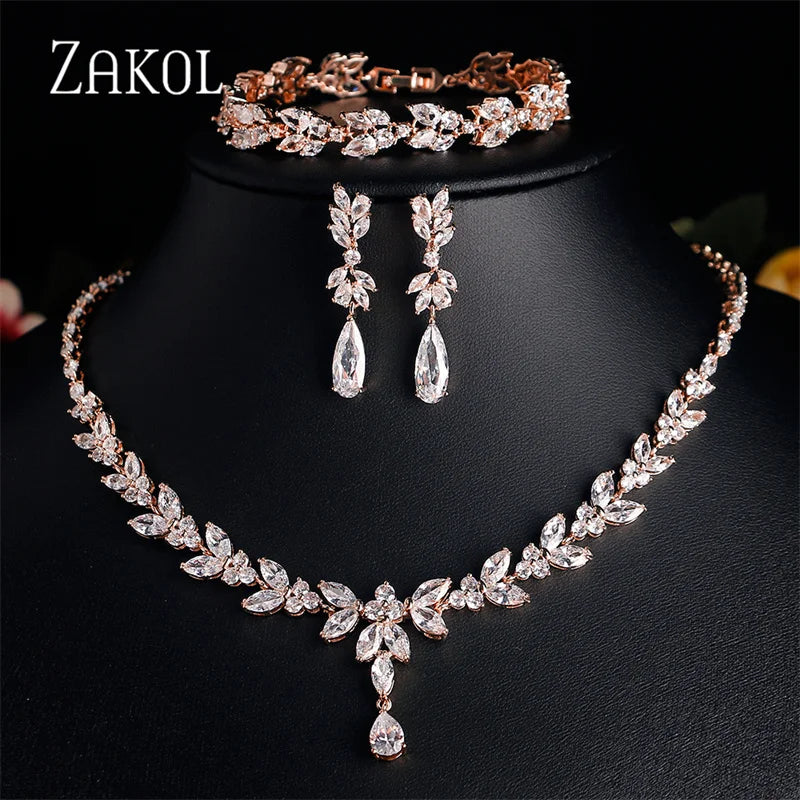 ZAKOL Brilliant Zirconia Leaf Jewelry Set for Women