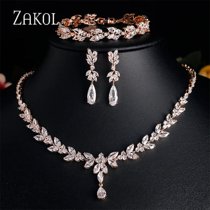 ZAKOL Brilliant Zirconia Leaf Jewelry Set for Women