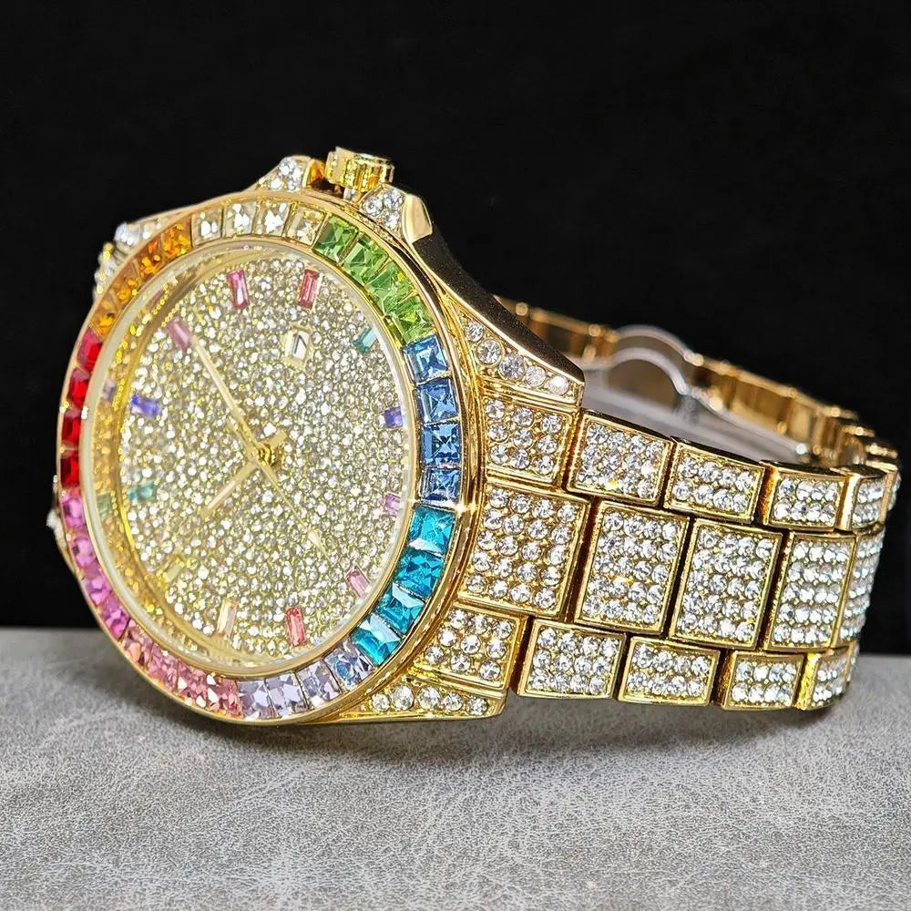 Fashion Gold Quartz Wristwatch for Men with Rainbow Diamonds