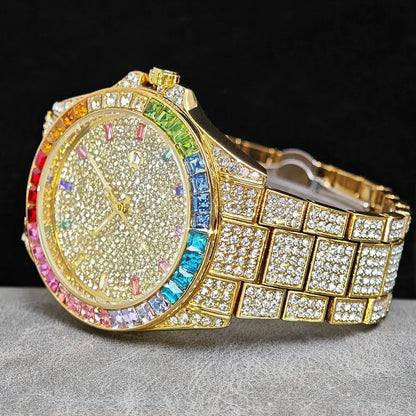 Fashion Gold Quartz Wristwatch for Men with Rainbow Diamonds