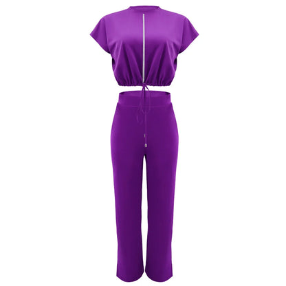 Women Casual Short Sleeve Drawstring Top and High Waist Pants Set