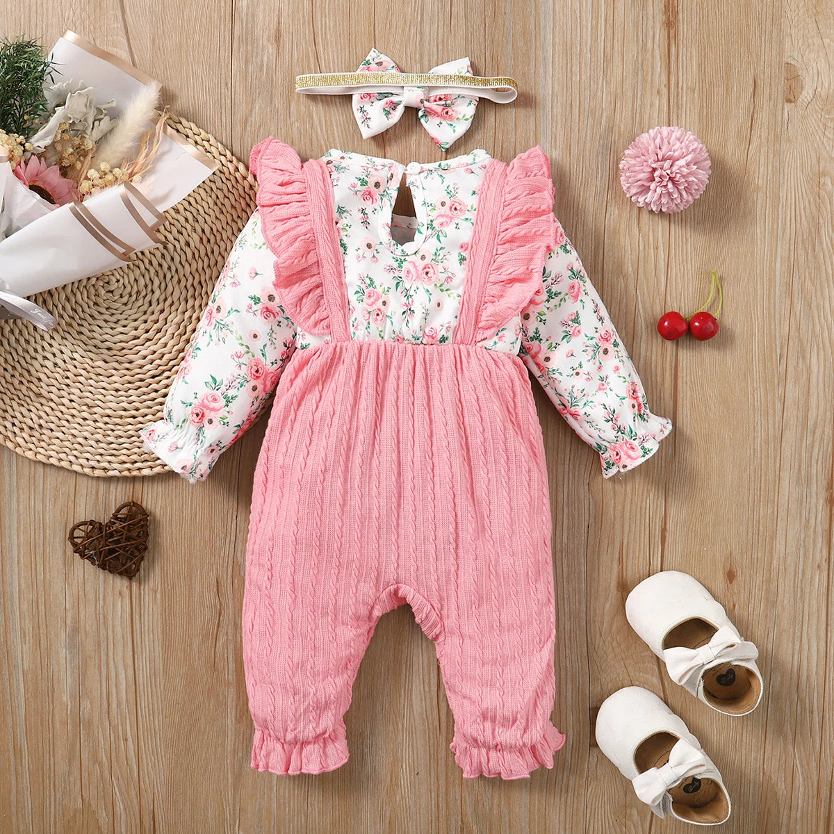 Floral Long Sleeve Baby Girl Romper with Headband