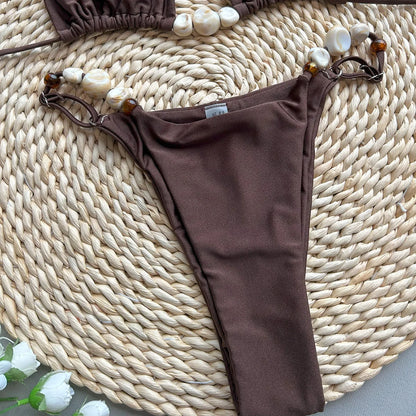 Solid Green Halter Triangle Bead String Bikini Set