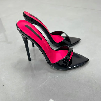Patchwork Stiletto Heel Slippers Open Toe Thin Heels