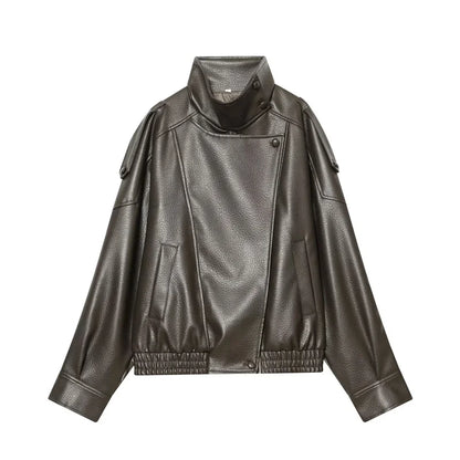 Black Long Sleeve Faux Leather Motorcycle Jacket