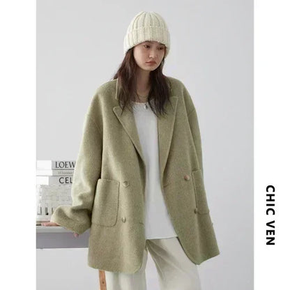 Women's Woolen Double Breasted Jacket Office Lady Outerwear