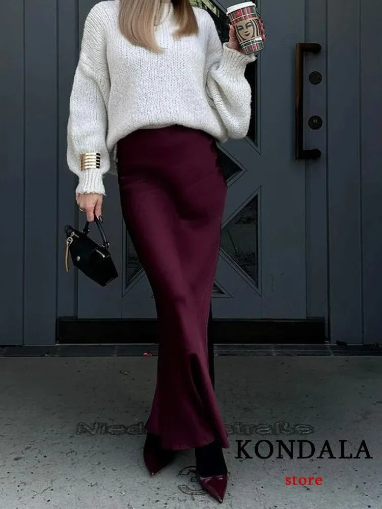 Vintage Satin Solid Long Skirt Women High Waist