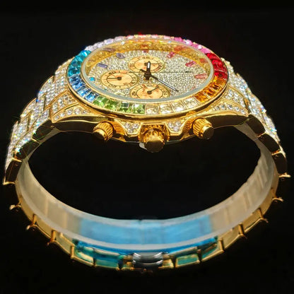 Fashion Gold Quartz Wristwatch for Men with Rainbow Diamonds