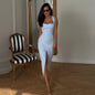 Solid Square Neck Midi Dress Women Zip Up Sleeveless