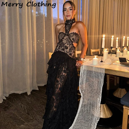Sexy Lace Patchwork Halter Evening Gown for Women