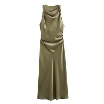 Satin Midi Dress for Women Sleeveless Elegant Evening Dress