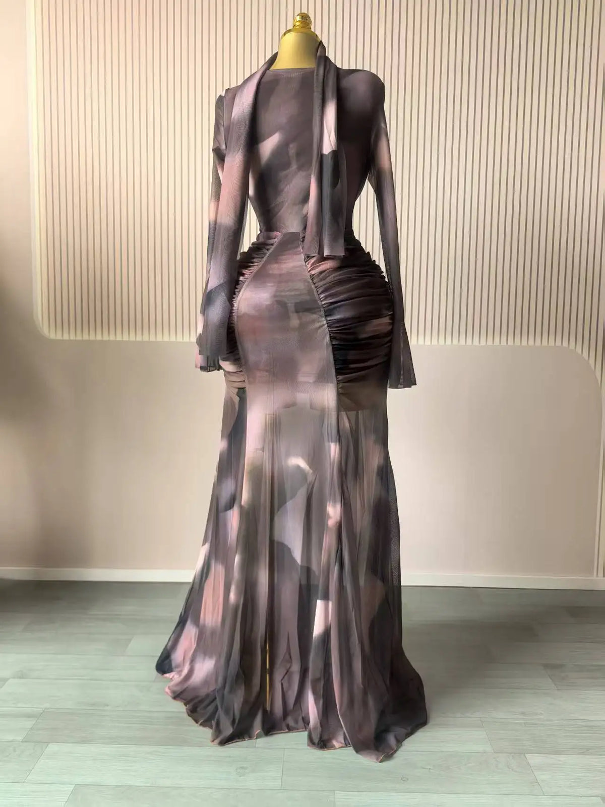 Women Tie Dye Maxi Dress with Skew Neck and Flare Sleeves