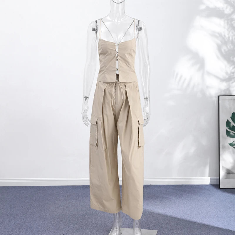 Corset Cami Two Piece Set with Pleated Wide Leg Pants