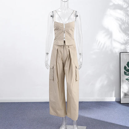 Corset Cami Two Piece Set with Pleated Wide Leg Pants