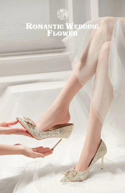 Elegant Crystal Pointed Toe High Heel Pumps for Women