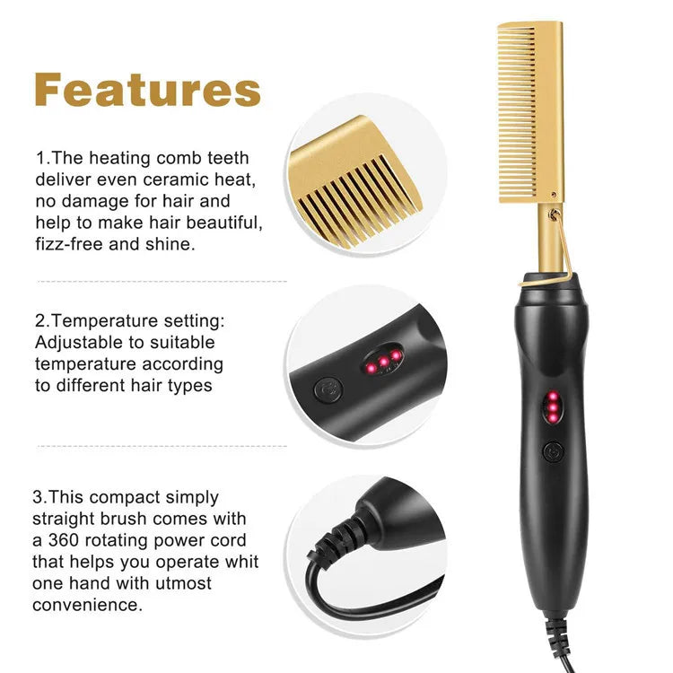 Hot Comb Hair Straightener Brush Copper Black 30cm