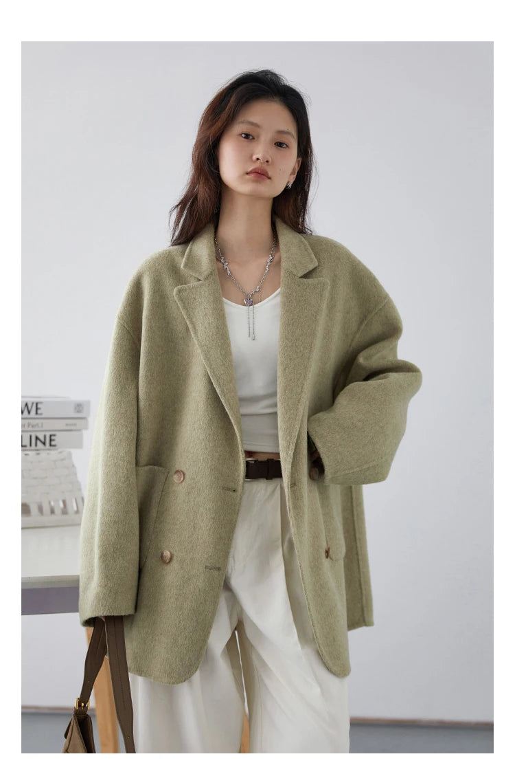 Women's Woolen Double Breasted Jacket Office Lady Outerwear