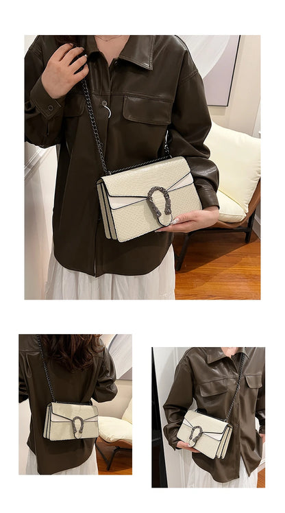Retro Snake Pattern Chain Shoulder Bag for Women