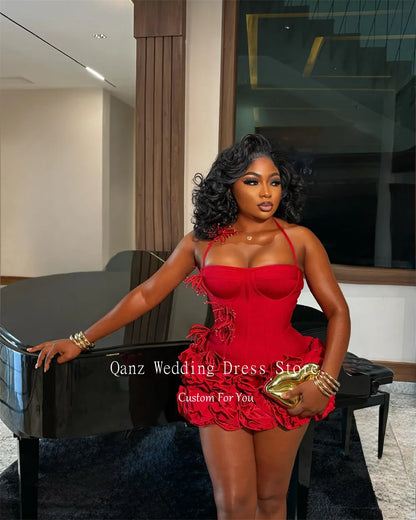 Red Satin Halter Neck Mini Prom Dress with Ruffles