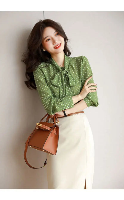 Shawl Collar Long Sleeve Blouse Women Polka Dot Cardigan