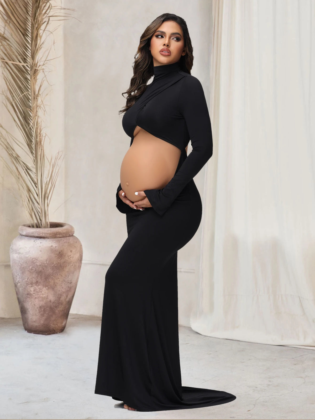 Maternity Maxi Gown Turtleneck Bodycon Dress