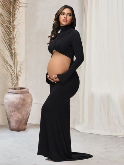 Maternity Maxi Gown Turtleneck Bodycon Dress