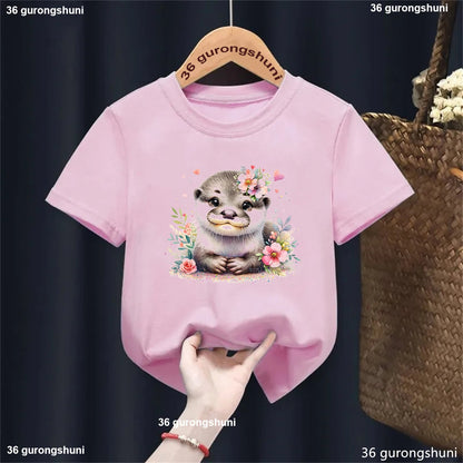 Kawaii Otter Love Printed T-Shirt for Kids